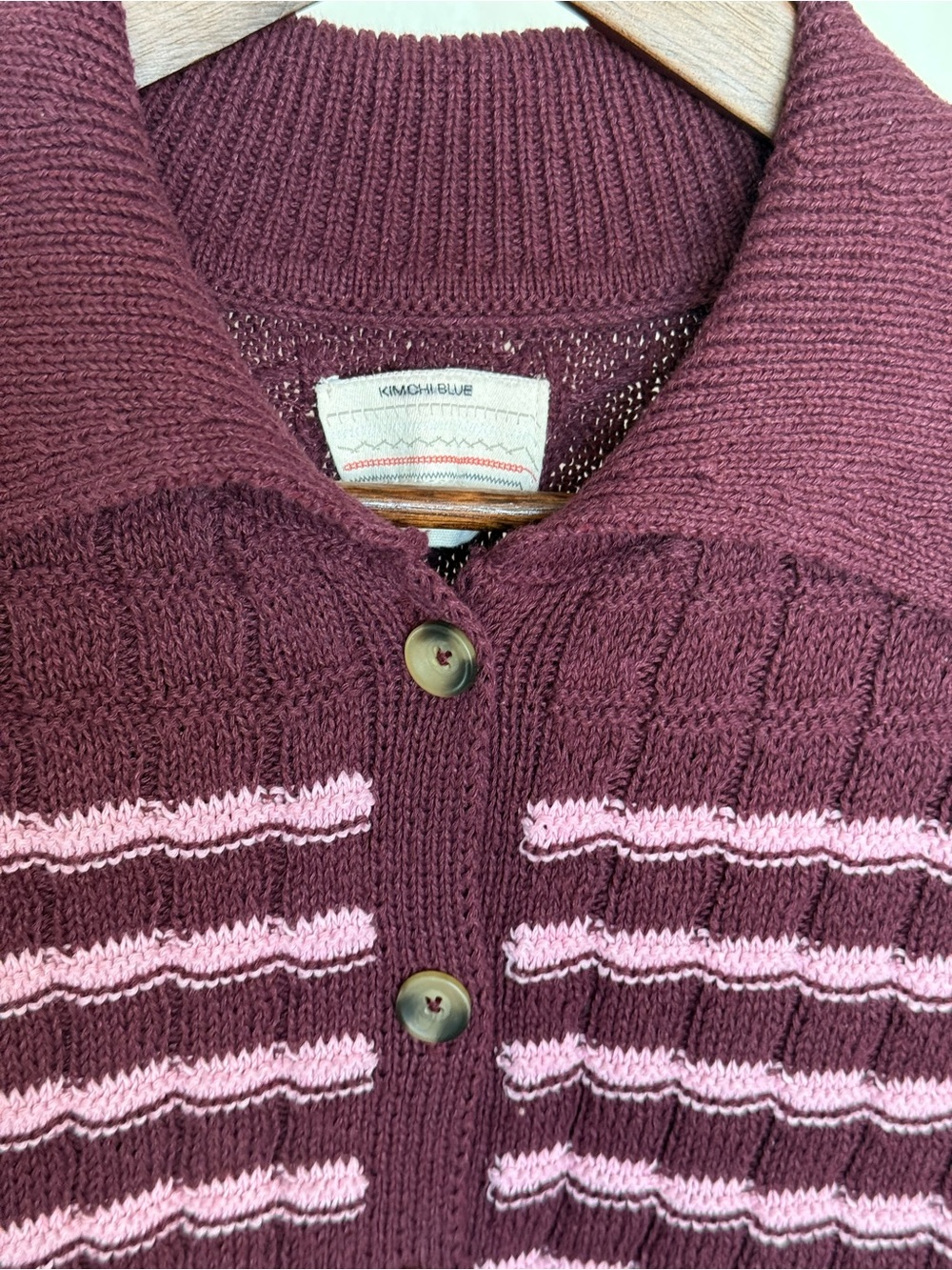 🍂 KIMCHI Blue Maroon Button-Up Cardigan Knit Short Sleeve Top Pink Stripes S